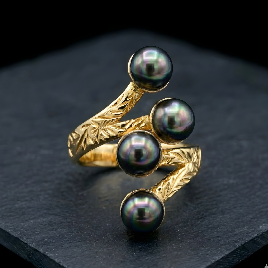 14K Gold Filled Adjustable Hawaiian Rainbow Black Pearl Ring – Multi-Pearl Bypass Statement Ring
